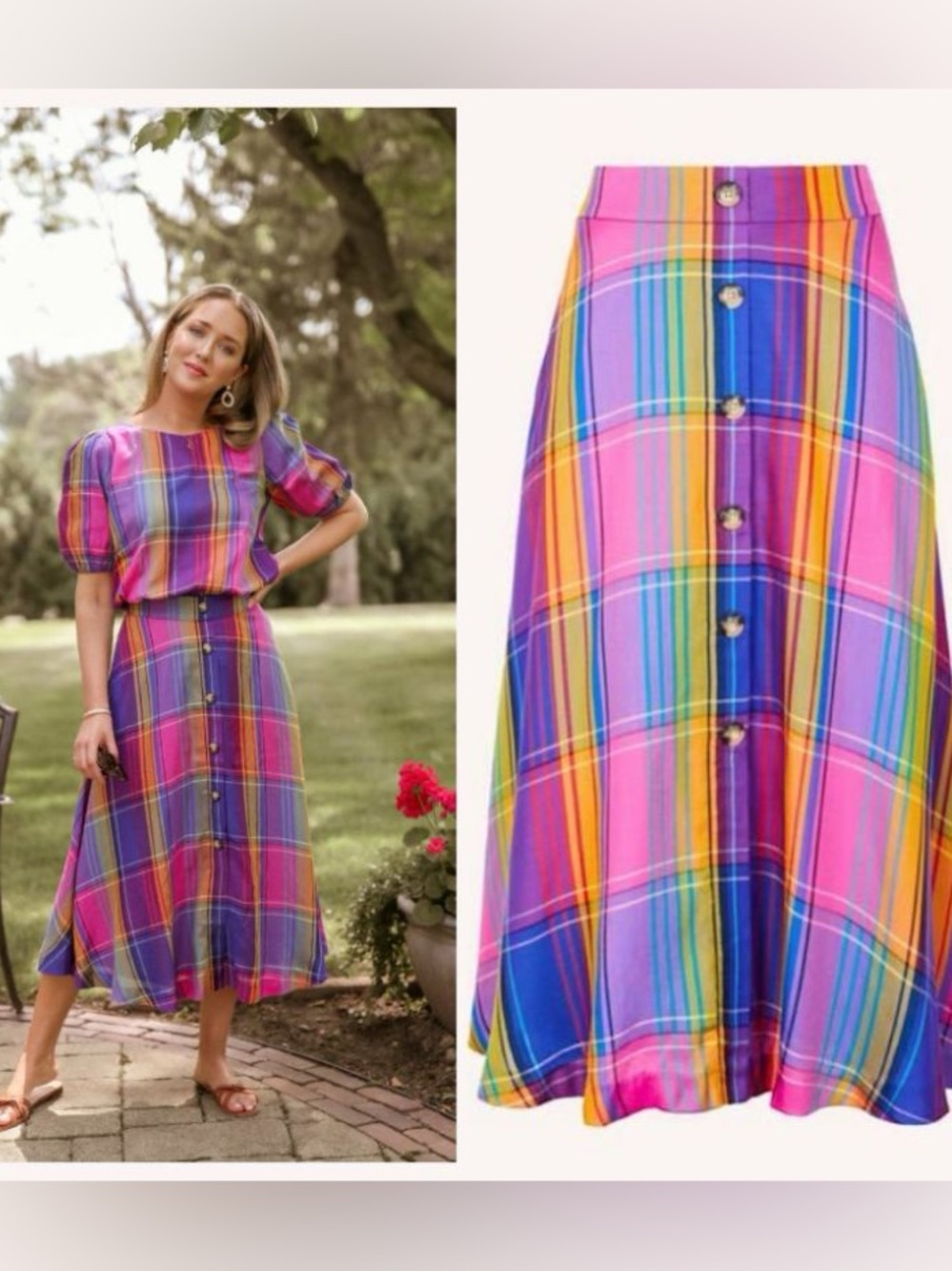 Ann Taylor Multicolor Plaid Button-Front Midi Skirt